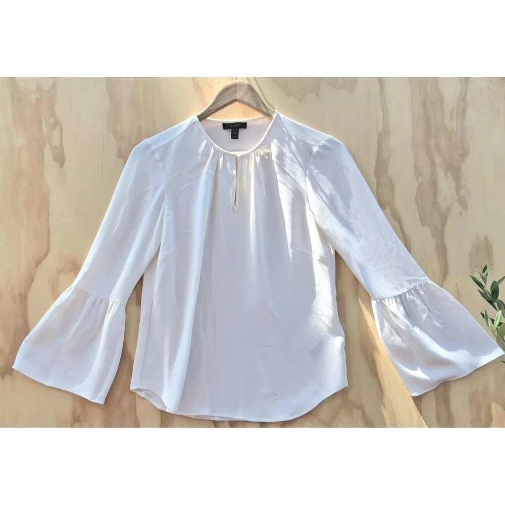 J.Crew 100% Silk Ivory Blouse Balloon Sleeve Gathered Neck Top Womens XS Career